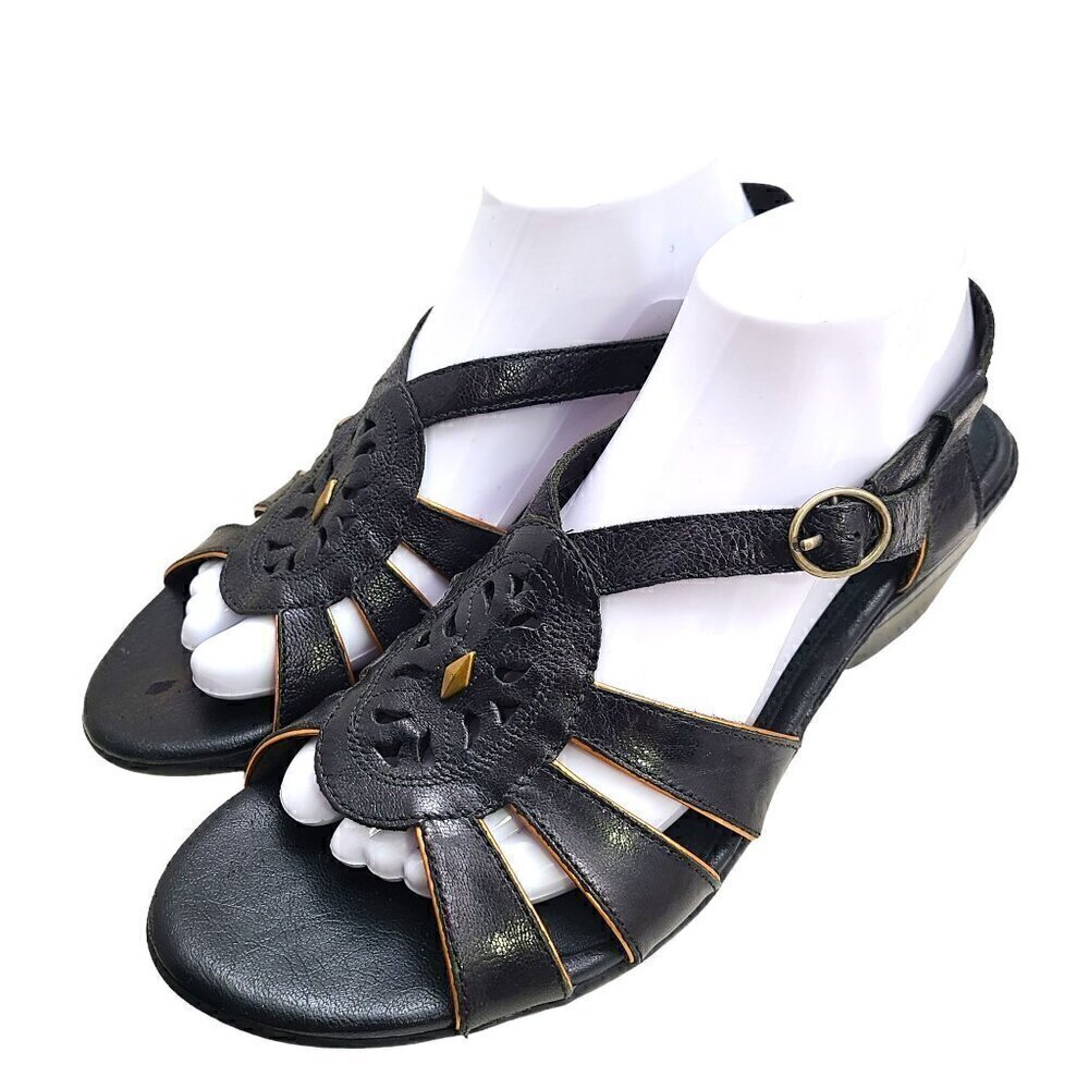 Clarks Bendables Black Leather Cut Out Ankle Strap Wedge Comfort Sandals
